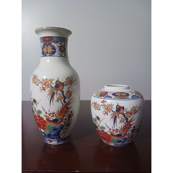 Shogun Dynasty Ceramic Vases Set Of 2 Floral & Bird Design 8" & 5" Tall Hand-Pai - Picture 4 of 8